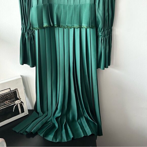 KHAITE Cara Pleated Stepped-Hem Satin Dress in Green - Picture 10 of 16